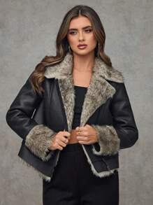 SHEIN BAE Women's Solid Color Fluffy Faux PU Leather Metal Zipper Retro Coat, Winter Autumn Fashion Outing Versatile Concert Fashionable And Warm Coat, Suitable For Parties And Outings/ Christmas/Thanksgiving - Black - View 3