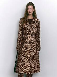 Maija Women's Autumn Loose Leopard Print Self-Tie Belt Double-Breasted Real Pockets Large Lapel Drape Long Leopard Printed Trench Coat