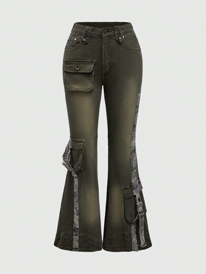 Grunge Punk Jean évasé décontracté avec poches de travail pour femmes style décontracté de rue