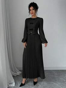 Elenzga Women Solid Color Round Neck Long Sleeve Top & Pleated Hem Skirt 2 Pieces Set, Elegant