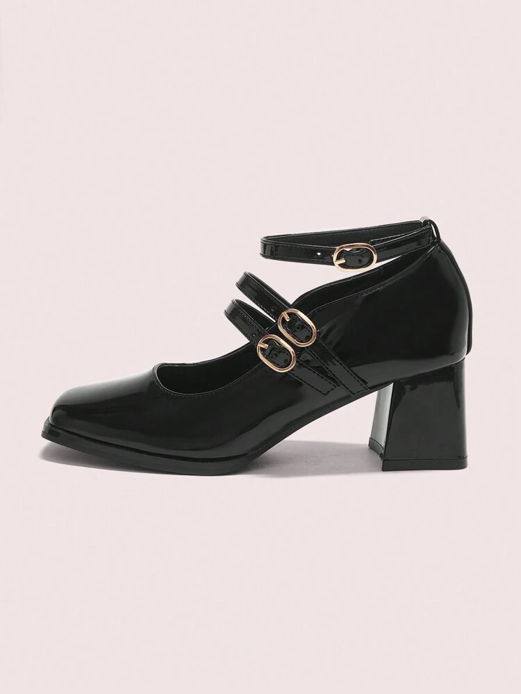 CUCCOO DOLLMOD Fashionable Black Ankle Strap Mary Jane Thick Heel Square Toe High Heels Spring Shoes Spring Break Easter For Christmas Spring Shoes