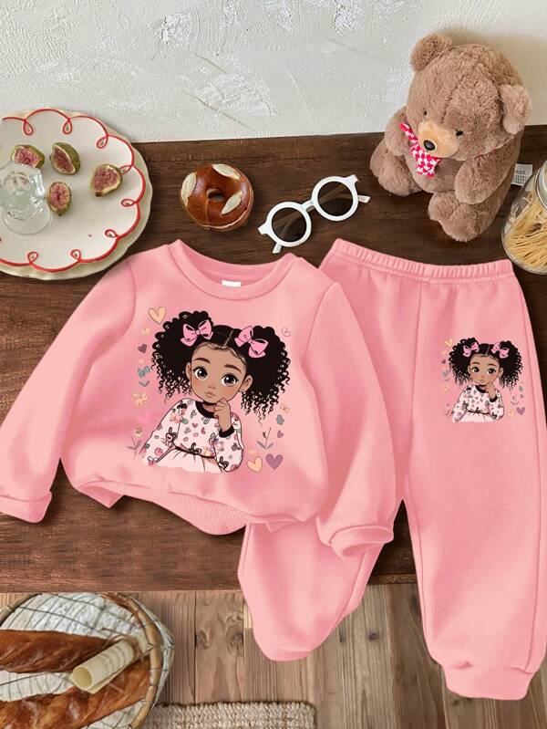 SHEIN Cute , Heart, Bow Design, Pink Knit Soft Pullover Thick Hoodie Sweatshirt Set, Suitable For Autumn/Winter, Baby Girl