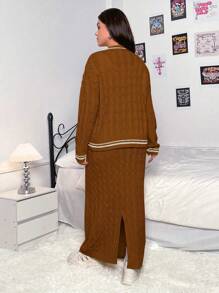 Flirla Plus Size Autumn/Winter Casual Daily Striped Trim Cardigan And Knitted Skirt Set