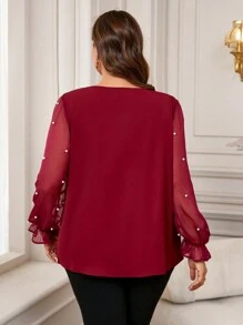 EMERY ROSE Blusa elegante de Navidad para mujer de talla grande con cuello en V, detalles de malla y decoración de perlas falsas, ropa de invierno para mujer