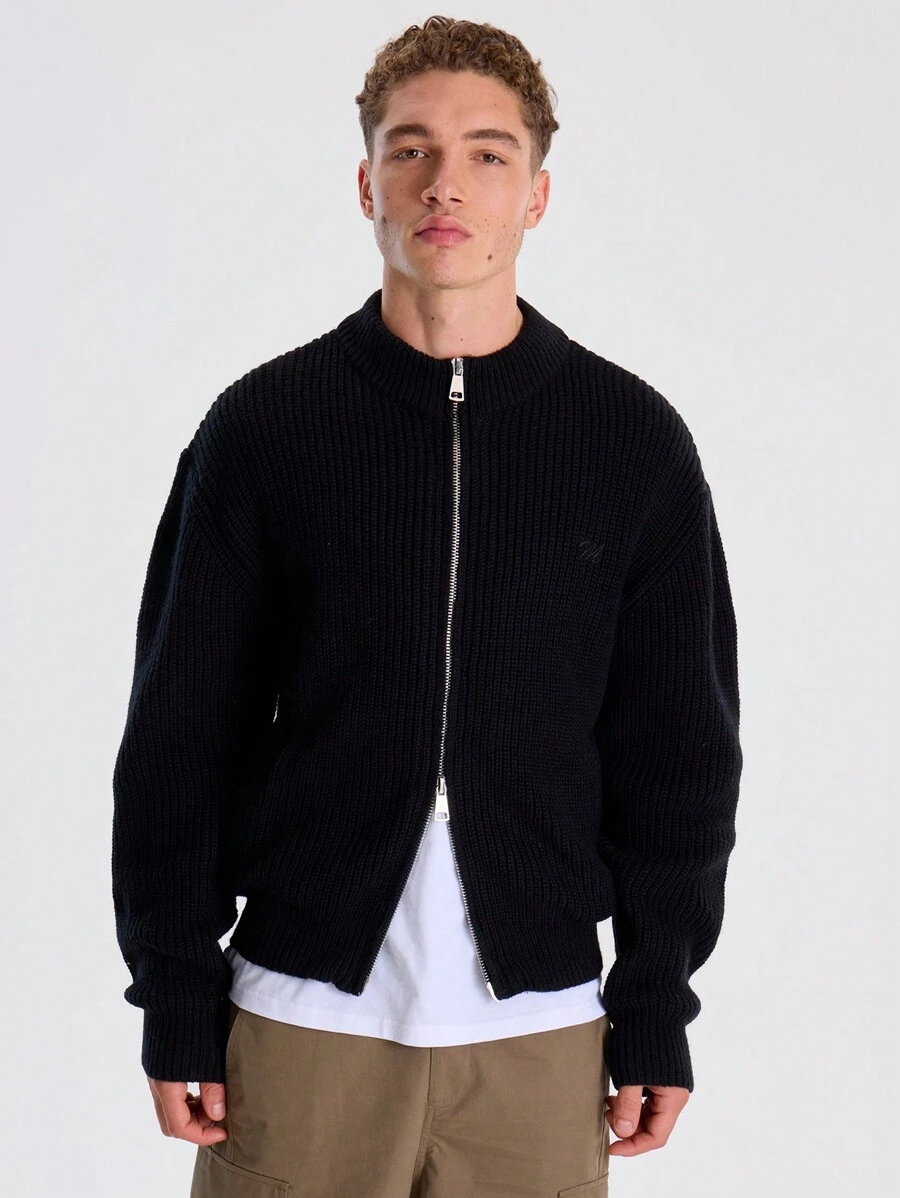 Musero Rib Knit Zip Up Track Cardigan - Black - View 1