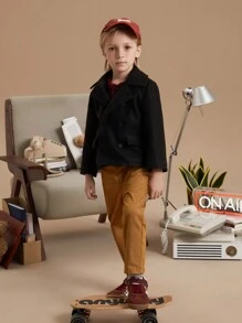 PrepCrw Young Boys Winter School Style Black Christmas Print Fitted Double-Breasted Overcoat - Black - View 3