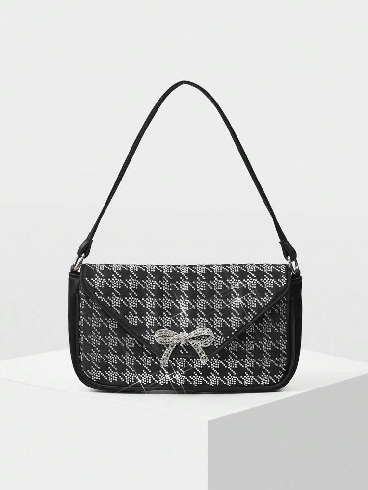 HOUNDSTOOTH BOW RHINESTONE DECOR SHOULDER BAG