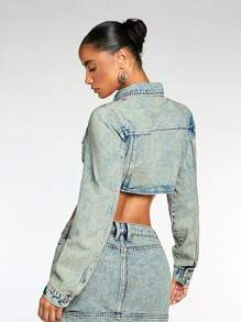 SHEIN BAE Women's Casual Street Chic Flap Detail Curved Hem Cropped Denim Jacket