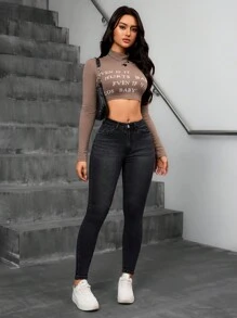 SHEIN Essnce 女式前扣口袋简约休闲牛仔裤，适合日常穿着 - 黑色 - 查看 4