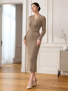 Modelyn Vintage Chunky Knit V-Neck Sweater Dress, New Design, High Quality