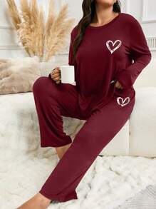Minimalist Heart Print Long Sleeve Pajama Set - Red - View 4