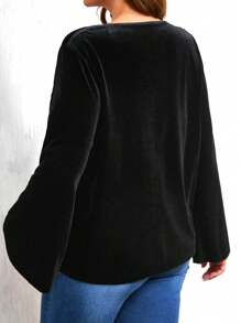 Plus Size Autumn Elegant Studded Flare Sleeve Blouse - Black - View 2