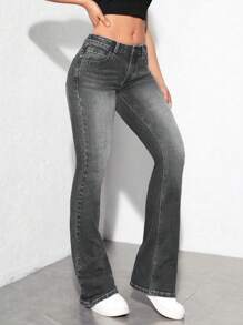 Jeanoix 休闲破洞修身喇叭牛仔裤 - 深灰色 - 查看 4