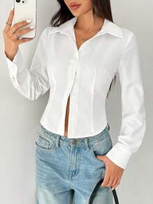 SHEIN PETITE 基本款休闲长袖收腰衬衫 - 白色 - 查看 6