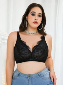 Plus Size Brassiere With Romantic Lace Patchwork, Full Coverage, Comfortable Daily Wear - Black - View 3