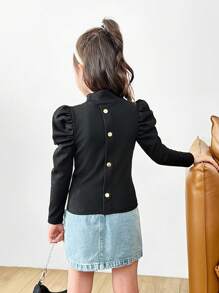 SHEIN Young Girl Plain Color All-Match Stand Collar T-Shirt With Puff Sleeves, Versatile - Black - View 6