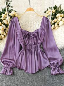 DreamSkyne Blusas de mujer talla grande de unicolor con cuello en forma de corazón, manga farol y cintura con volantes. Blusas con volantes para primavera/otoño