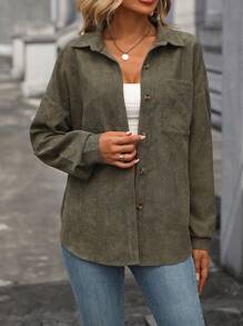 SHEIN LUNE Solid Button Front Pocket Patched Shirt,Long Sleeve Tops - Army Green - View 3