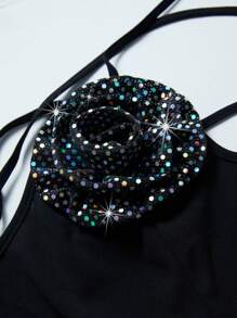 Viva Relle Plus Size Elegant Sparkling 3D Floral Decor Fitted Cross Back Slip Dress - Black - View 7