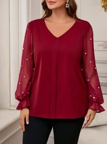 EMERY ROSE Blusa elegante de Navidad para mujer de talla grande con cuello en V, detalles de malla y decoración de perlas falsas, ropa de invierno para mujer