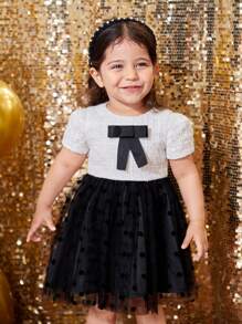 SHEIN Baby Girl Elegant Cute Color Block Bow Polka Dot Mesh Short Sleeve Dress, For Christmas - Black and White - View 5