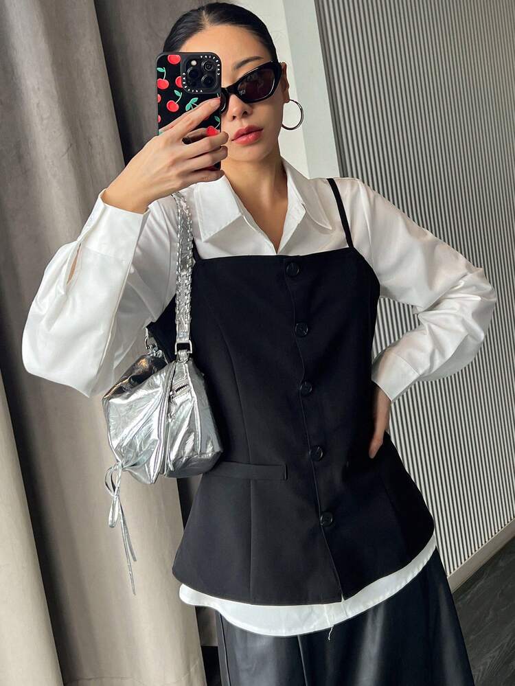 2pcs Women Single-Breasted Long Sleeve Shirt & Single-Breasted Camisole Set, Solid Color For Autumn,Fall Women Clothes