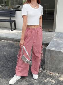 INAWLY Women's Elastic Waist Plaid Side Tie Loose Casual Wide Leg Pants