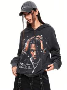 ROMWE Áo nỉ Unisex họa tiết chân dung cổ điển, phong cách đường phố, phù hợp để mặc hàng ngày - màu đen - Xem 6