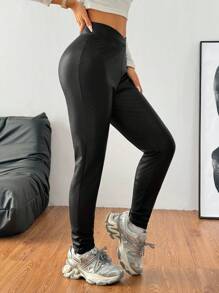 SHEIN EZwear Women's Black Autumn Seksi Chic Night Out Faux Leather Thermal Fleece Lined Leggings,Winter Overlap Waist Stretchy Yoga Jog Tights Sportswear Pants - Black - View 4