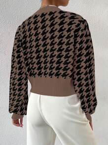 Chiquease Houndstooth Print V-Neck Button Front Long Sleeve Casual Cardigan