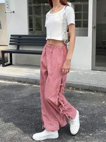INAWLY Women's Elastic Waist Plaid Side Tie Loose Casual Wide Leg Pants