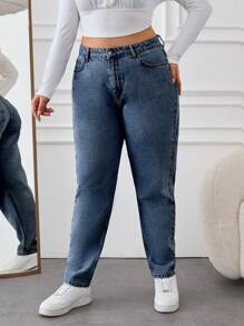 SHEIN Cottnline 100% 纯棉高腰妈妈版牛仔裤 - 深色水洗藍 - 查看 7