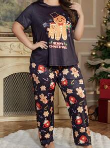 Plus Size Christmas Element Pattern Print Crew Neck Short Sleeve Top & Pants Pajama Set Gingerbread Pajamas - Black - View 7