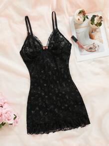 Vestido lencero sexy sin forro con detalles de moño, volantes y encaje floral - Negro - Ver 5