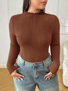 SHEIN EZwear 大码女式休闲罗纹长袖修身 T 恤，秋季 - 棕色 - 查看 6