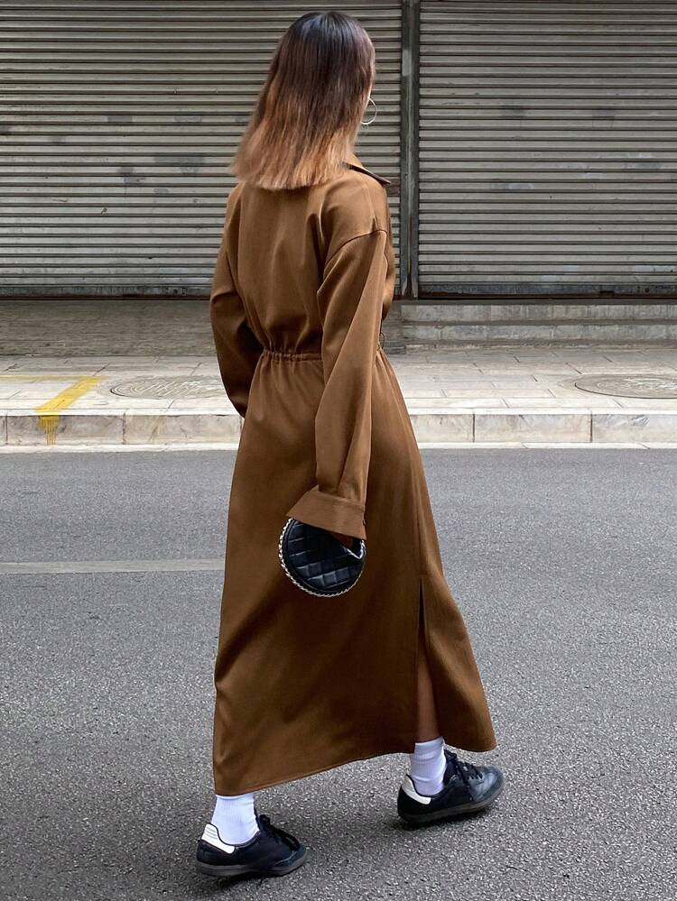 Women Solid Color Loose Long Cinched Waist Long Sleeve Shirt Dress, Mid-Length,Fall Clothes Maxi Dress