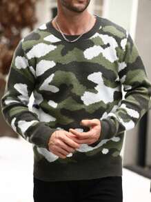 Manfinity Homme Jersey de cuello redondo casual con patrón de camuflaje de bloques de color para hombres, otoño/invierno