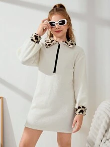 SHEIN Tween 女童豹纹领口部分拉链蓬松饰边休闲连衣裙 - 白色 - 查看 3