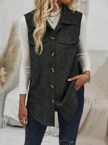 EMERY ROSE Women's Casual Lightweight Front Button Up Vest Jacket For Outings, Autumn - Dark Grey - View 3