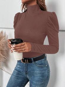 SHEIN Clasi 纯色立领褶皱优雅通勤长袖T恤 - 藕粉色 - 查看 6