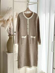 DAZY Women All-Over Print Crew Neck Long Sleeve Button Up Front Casual Knit Sweater Dress, Autumn/Winter - Khaki - View 2