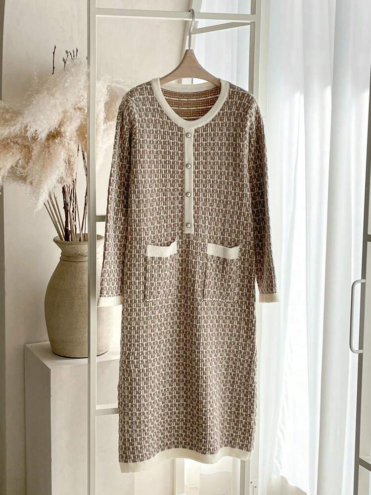 Women All-Over Print Crew Neck Long Sleeve Button Up Front Casual Knit Sweater Dress, Autumn/Winter