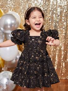 SHEIN Vestido de manga corta con volantes en el bajo con estampado de estrellas negras y doradas para bebé niña, para primavera/verano, apto para Navidad