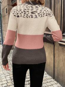 SHEIN LUNE Casual Chic French Countryside Music Festival Leopard Print Red Long Sleeve Sweater For Women, Autumn/Winter,Long Sleeve Tops