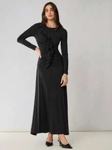 Enchnt Damen einfarbiges Kleid mit Rundhalsausschnitt, Langarm und Rüschensaum, elegant