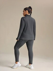SHEIN Rhythm Era 女士加大码休闲条纹拉链立领夹克和紧身裤套装，秋季健身套装健身女士套装 - 深灰色 - 查看 2