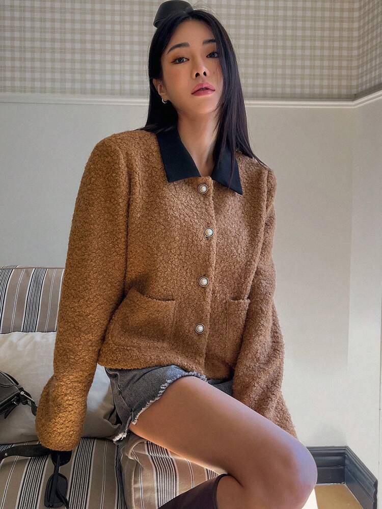 Color Block Collared Pocket Cropped Jacket, Casual Autumn/Winter,Fall Women Clothes