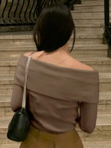 DAZY Suéter de punto de unicolor con hombros descubiertos para mujer, elegante casual para uso diario, suéter con hombros descubiertos para otoño/invierno