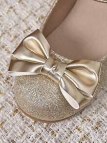 1 Pair Girls Shiny Gold Bowknot Decor Wedge High Heels, Suitable For Christmas Holiday - Gold - View 4