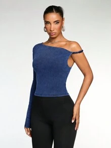 SHEIN BAE 1 件女式牛仔蓝色不对称领口修身衬衫、长袖上衣、保暖衬衫、性感长袖上衣、高弹力上衣 - 深色水洗藍 - 查看 3